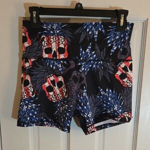 Black Athletic Shorts with Red Skull & Blue Tropical Print